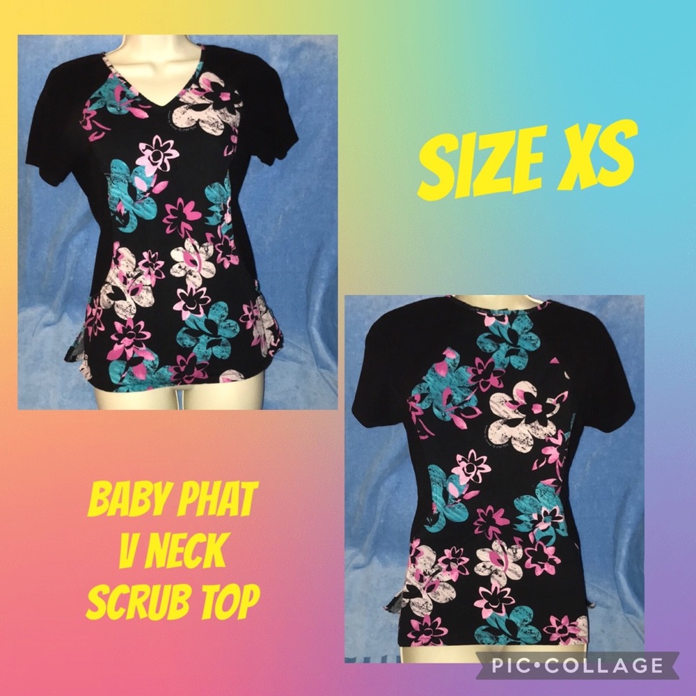 Baby Phat XS scrub top black pink blue & white